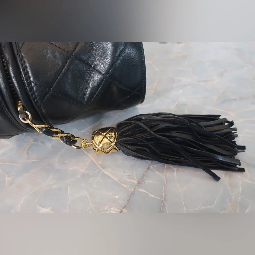 Authentic CHANEL vintage mini vanity bucket 24k gold black lambskin leather bag